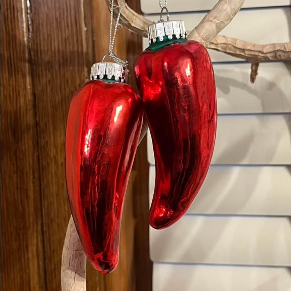 Pair of Glass Blown Hot Chili Pepper Christmas Ornaments Southwest